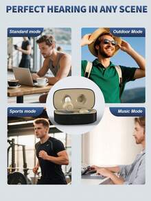 2个可充电迷你助听器耳机，带充电盒、USB电源、聚合物锂离子电池、增强音频、清晰通话、卡其色。 - 查看 3