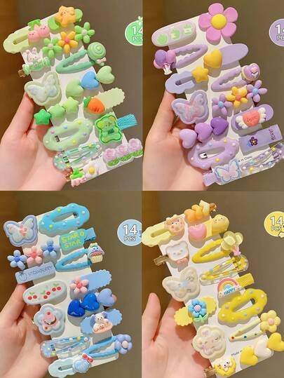 14件套女孩可爱波点、蝴蝶、心形发夹，甜美多巴胺发饰，适合刘海和短发，青少年适用