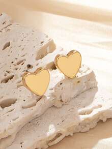 1对小巧几何心形耳钉 - 金黃色 - 查看 1