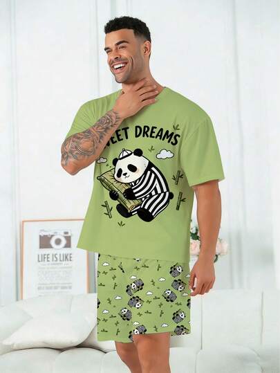 Plus Size Men's Pajama Set | Round Neck Short Sleeve Top And Elastic Waist Casual Shorts 2 Piece Set | Polyester Knit Fabric Soft Breathable Loose Comfortable | Cute Panda Print Casual Design Sweet Dream Series
