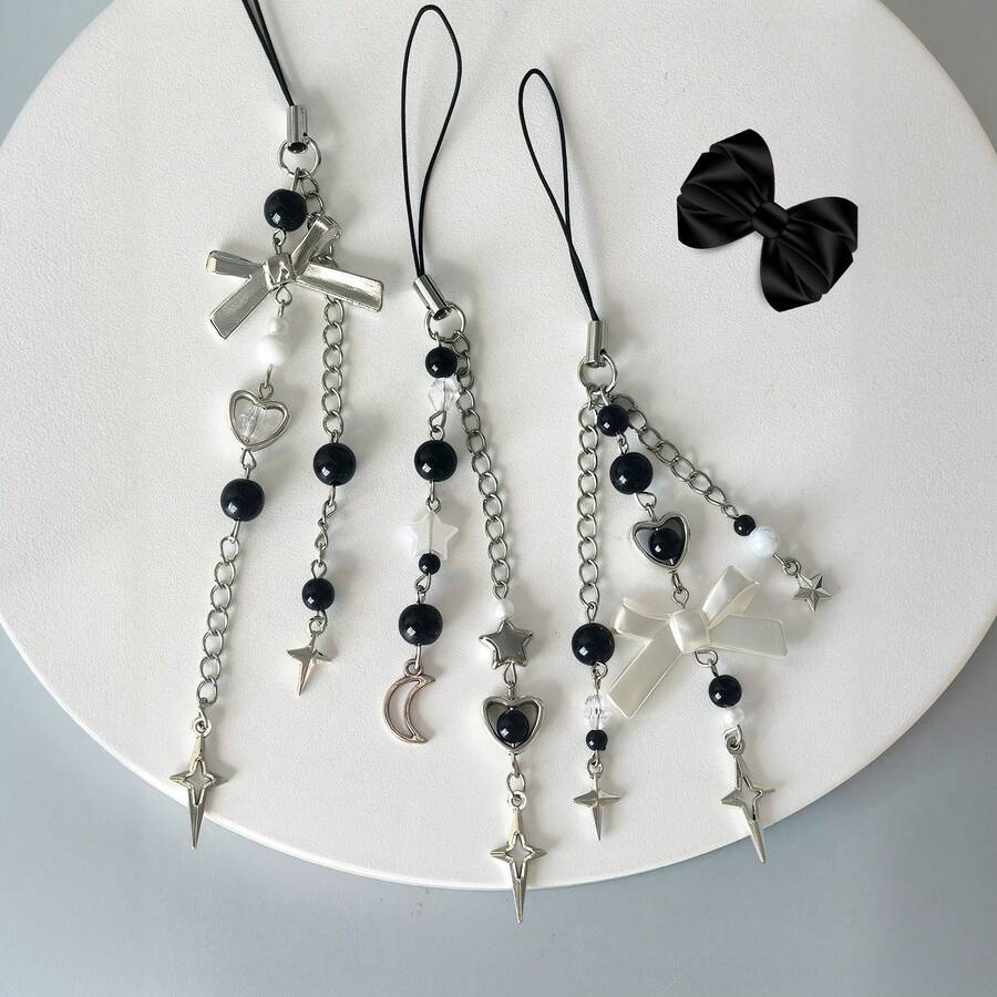 Black White Bowknot Element 1pc Sweet & Cool Black & White Bow Star Heart Shaped Phone Lanyard Spring Gift Birthday