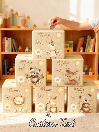 1pc Customized Piggy Bank, Personalized Name Gift Suitable For Children, Cute Animal And Floral Pattern Personalized Savings Box With Flip-Top Design, Multipurpose Home Decor Gift, Suitable For Bedroom, Office Or Gift Ideas, Room Decor, Savings Box, Birthday Surprise Box, Baptism Memento Box, Butler Box, Money Box