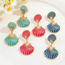 珐琅贝壳吊坠耳环套装，金色双层贝壳垂坠耳环，夏季沙滩女士饰品 - 彩色 - 查看 1
