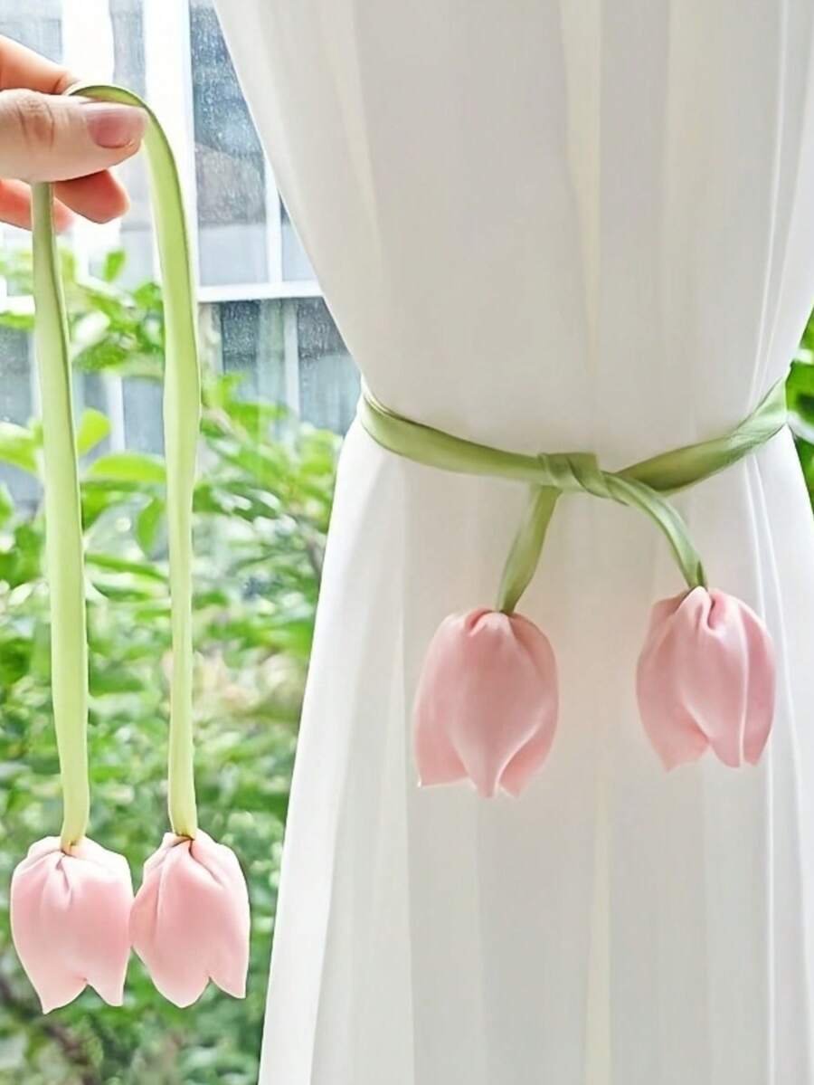 2pcs Tulip Design Window Curtain Tie Backs, New Living Room Curtain Tassels, Woven Curtain Decorative Bands - Multicolor - View 1