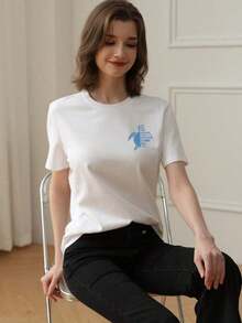 2026 New Arrival Women's Summer New Simple Slogan Print Casual Vacation Loose Fit Round Neck Short Sleeve T-Shirt, Fashionable Everyday Top, Suitable - 白色 - 查看 4