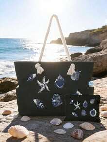 Lebendiges tropisches Muschel- und Seestern-Muster Tragetasche Set, Schultertasche mit großer Kapazität und passendem Clutch, Boho Ozean-Motiv Strandtasche, leichte Sommer-Urlaubstasche für Frauen, wiederverwendbare Einkaufstasche für Pendeln, Einkaufen, Strand, Picknick, Camping, Fitness, Reisen und Arbeit - Verschiedenfarbig - Übersicht 12