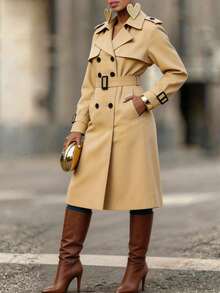 GLOURI  Women's Long Winter Trench Coat - Classic Double-Breasted Long Lapel Design | Timeless Fall Winter Outerwear For Office, Casual & Daily Versatile Style - 卡其色 - 查看 3