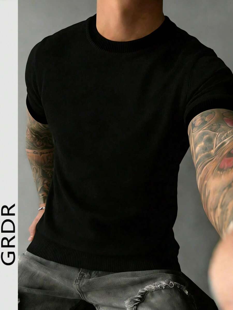GRDR 男士条纹圆领针织短袖T恤 - 时尚百搭休闲简约T恤 - 黑色 - 查看 1
