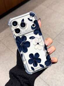 Flower Blue & White Floral Card Holder Anti-Drop Phone Case Compatible With Apple 17/16/14 Pro Max, High-Quality New Model 13, 15, Ins Style 12/12 Pro, 11, 15 Pro Max, 16 - Clear - View 3