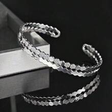 1 Set Retro Dual-Tone Electroplated Cubic Zirconia Striped Bracelet & Ring Set, Suitable For Women's Daily Wear - Style a Silver - View 1