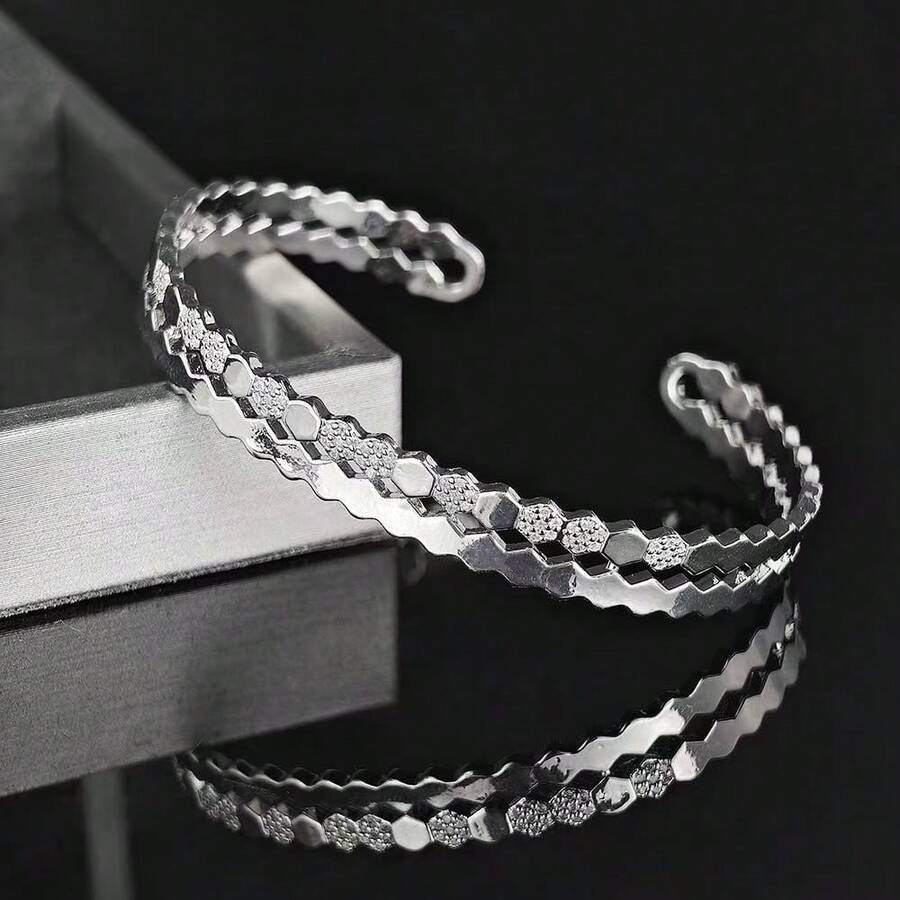 1 Set Retro Dual-Tone Electroplated Cubic Zirconia Striped Bracelet & Ring Set, Suitable For Women's Daily Wear - Style a Silver - View 1