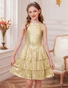 Girls Sequin Party Dress Kids Sparkly Formal Birthday Teen Special Occasion Fancy Pageant Dresses Size 6-14 - 金色 - 查看 2