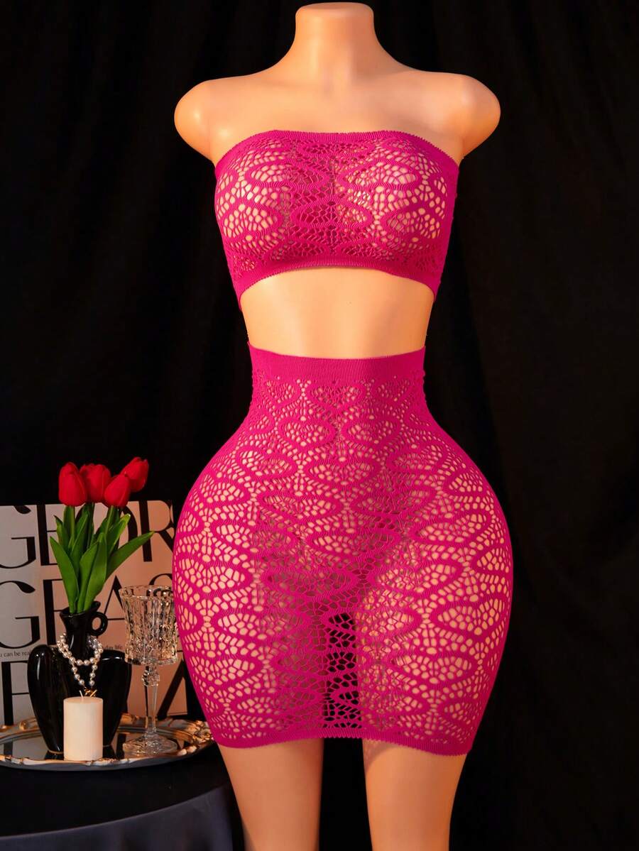 Bộ đồ lót gợi cảm 2 món hình trái tim dành cho nữ, áo ống và váy ngắn, chất liệu co giãn, khoét rỗng, ôm sát cơ thể, thích hợp cho hộp đêm và tiệc tùng. - Màu Hồng Tươi - Xem 1