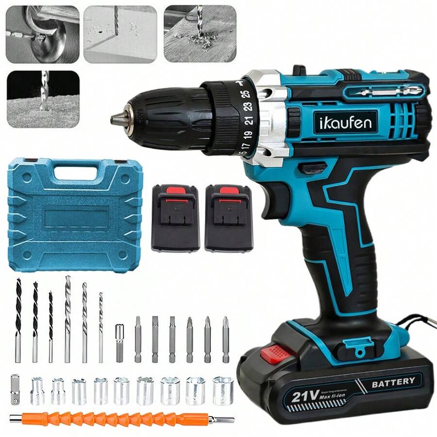 Electric Impact Drill Electric Screwdriver Set Power Tool Kit For Home Improvement With 2 Battery With Tool Box - 藍色 - 查看 1