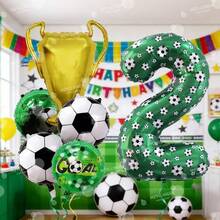 7件套足球主题派对装饰套装，包括0-9数字40英寸绿色足球铝箔气球和金色奖杯，适合生日、周年庆典、体育主题派对装饰。 - 足球獎杯款 - 查看 5