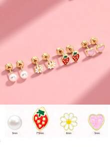 14K镀金可爱耳钉，女士款，低过敏性耳钉，平底螺丝耳钉，可爱小珍珠花朵粉色爱心草莓图案，316L不锈钢耳钉套装，4对装，最佳礼物 - 4對可愛耳環套裝 草莓款 - 查看 2