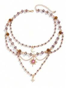 1件装时尚仿水晶月亮吊坠项链，简约不对称流苏项链，可爱多层月亮流苏项链（女士款） - 星月多層項鍊 - 查看 5