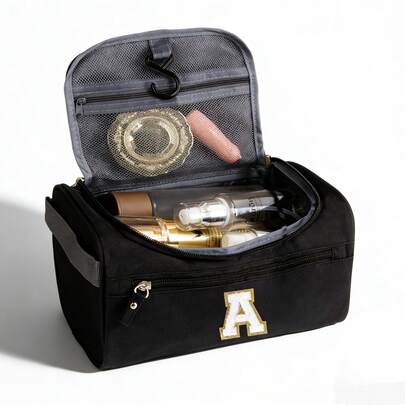 Black Personalized Hanging Travel Toiletry Bag For College Young Women Toiletries Cosmetic Organizer Weekend Sleepover Bags Accessories Initial Letter