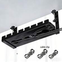 Metal Mesh Cable Management Tray For Under Desk, With Clips For Installation, 3 Holes, Cable Organizer Tray With Desktop And Under Desk Wire Management, Adjustable, Suitable For Home Office Standing Desk - Black - View 8