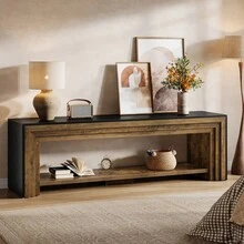 LITTLE TREE 70" TV Stand For 65/70/75-Inch TVs, Farmhouse Long Entertainment Center With Open Storage Shelves, Low Media Console, Wooden Television Stand For Living Room, Bedroom, Rustic Brown & Black - Rustic Brown & Black - 查看 8
