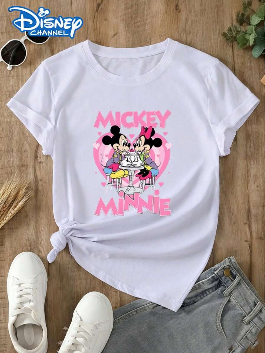 This Disney Women's T-Shirt Features A Romantic Mickey And Minnie Mouse Theme, A Shared Ice Cream Element, And A Casual, Versatile Style. Ideal For Vacations And Disneyland Visits. Made From Soft, Comfortable, And Durable Fabric, This Spring/Summer Women's Crew Neck T-Shirt Is Perfect For Everyday Wear-Shopping, Parties, Travel, Or Gatherings. It Also Makes A Lovely Gift. - White - View 1