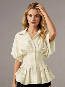 Women's Striped Peplum Blouse Button Down Collared Short Puff Sleeve Cinched Waist Shirt For Casual - 淺黃色 - 查看 3