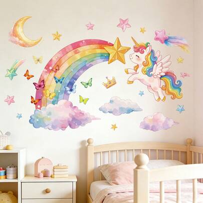 Bộ decal dán tường hình kỳ lân cầu vồng huyền ảo, hình kỳ lân bay, sao, mặt trăng, mây, bướm, decal dán tường chống thấm nước, tự dính, trang trí phòng tắm, tranh nghệ thuật trang trí tường cho phòng bé gái, phòng trẻ sơ sinh.