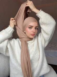 1 chiếc khăn trùm đầu Jersey may liền kèm mũ lót, chất liệu mềm mại, thoáng khí, thích hợp mặc hàng ngày, dự lễ hội, cầu nguyện, hành hương, có thể kết hợp với áo Abaya. - Màu Khaki - Xem 8