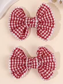 2pcs Red & White Plaid Girls Hair Clips, Fabric Nylon Lace Decorated Hair Accessories, Fashion Hair Accessories, Suitable For Spring/Summer Party Gifts - Red - View 8