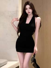 女士无肩带吊带连衣裙，性感紧身迷你裙，独特优雅的派对礼服，春夏款 - 黑色 - 查看 4