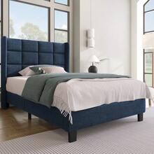 Modern Upholstered Bed With Padded Headboard. Single Slatted Bed, 90 X 200 Cm, In Blue Linen, Medium Firmness (Mattress Not Included). - Royal Blue - View 9