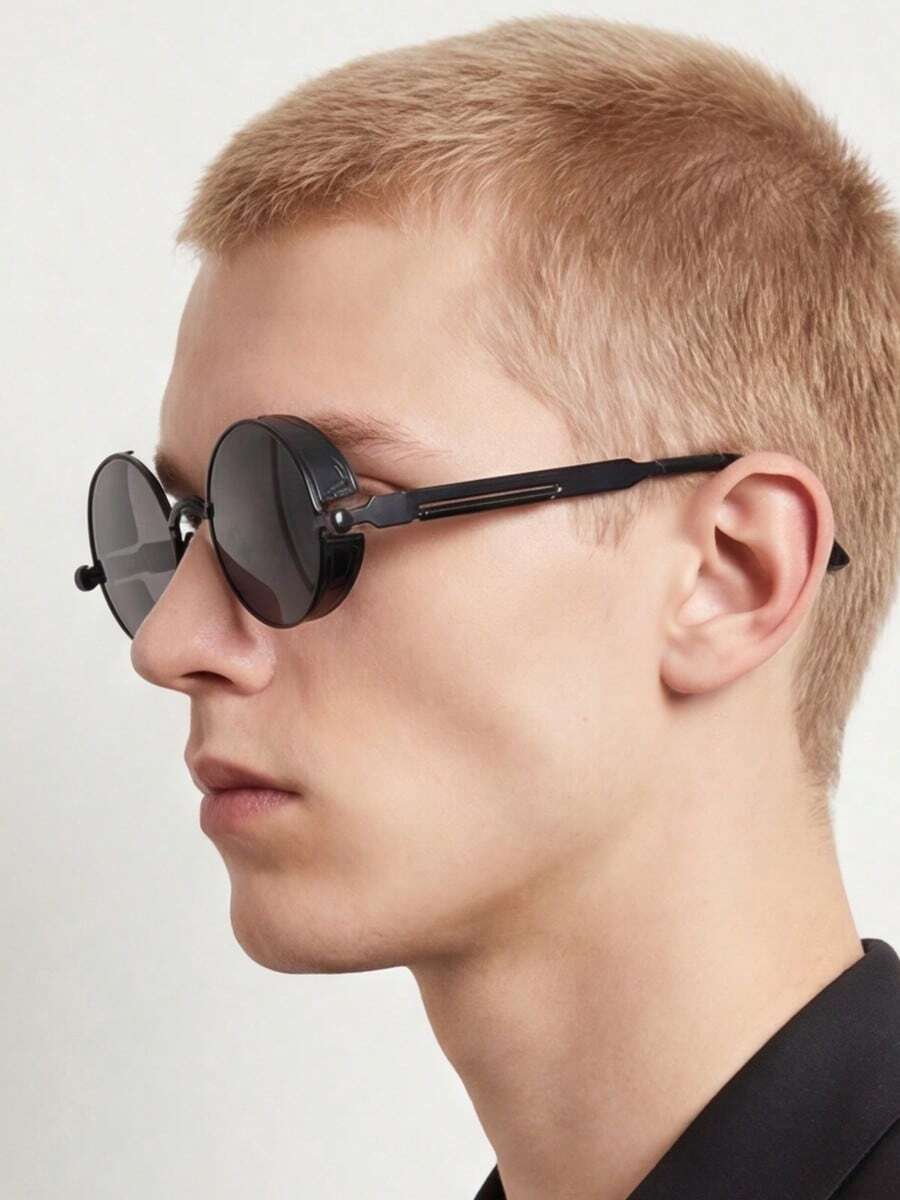 Moemton Men's Steampunk Round Fashion Glasses | Retro Double Bridge Metal Frame Gothic Y2K Streetwear Glasses Suitable For Party And Daily Wear - Black - View 1