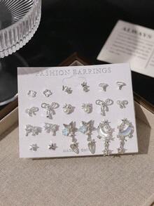 11 Pairs Cat's Eye Stud Earrings Set With Shallow-Colored Bow, Glitter Pink Earrings, Zinc Alloy Rhinestone Earrings, Fashionable & Suitable For Daily Wear, A Gift For Girlfriend - Hồng - Xem 10