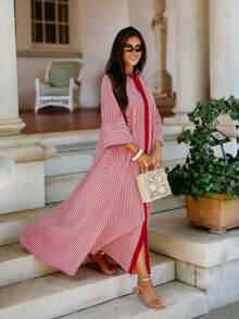 Vestido camisero de rayas para mujer, nuevo para primavera/verano, estilo casual y versátil adecuado para uso diario y vacaciones, con botones centrales delanteros y detalles de color contrastante, vestido evasé elegante - Rojo - Ver 6