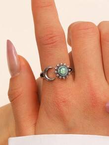 1pc Minimalist Vintage Sun & Moon Copper Open Ring, Women's Ring, Suitable For Daily, Party, Holiday Wear, Jewelry Accessory - Silver - View 3