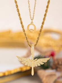 2pcs/Set New Fashion Cross Wing Pendant & 26 Letter Pendant Necklace, Stainless Steel Chain Suitable For Women's Daily, Party, Vacation Wear - Yellow Gold - View 9