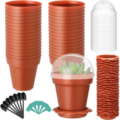 20 Set Plant Nursery Pot Set With 20 Trays, 20 Bases, 20 Shovels, 20 Humidity And 20 Plant Tags Dome Small Plastic Flower Pots For Indoor Outdoor Gardening Seedlings Flowers And Vegetables Seedling Propagation
