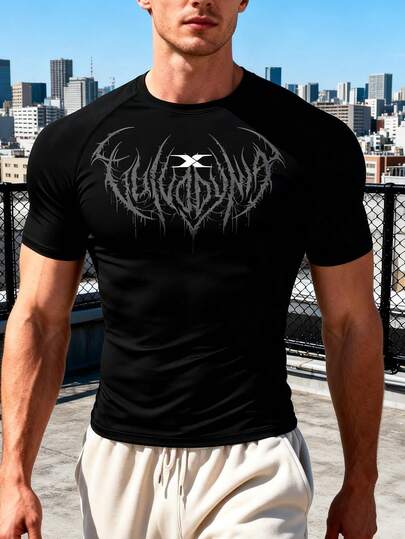 Áo thun thể thao nam tay raglan in chữ, chất liệu nén, hiệu ứng hologram, màu trơn, trang phục thể thao, áo tập luyện, áo nén thoáng khí.