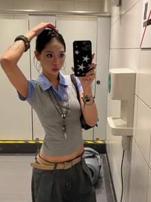 复古美式风格二合一拼接短袖上衣，修身休闲性感女式夏季上衣 - 淺灰色 - 查看 5