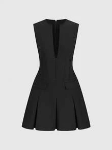 新款优雅性感V领镂空迷你连衣裙，梭织面料，仿口袋设计，适合晚宴约会、度假、正式场合、生日派对、单身派对、返校、机场穿搭，春夏黑色 - 黑色 - 查看 2