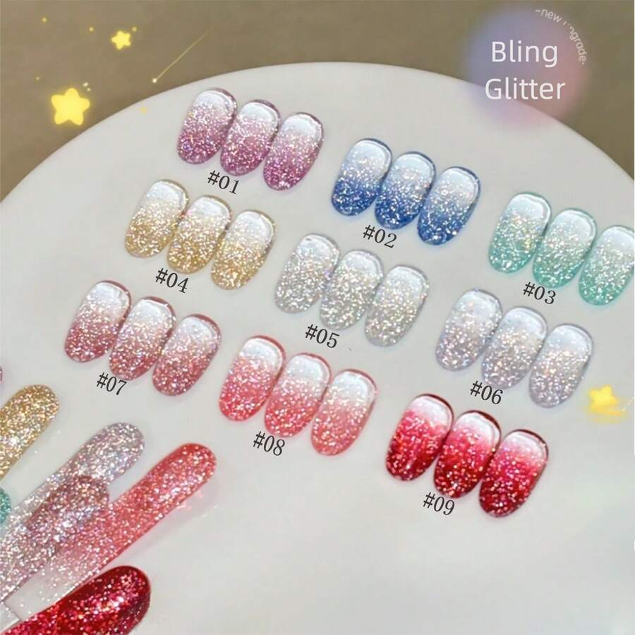 10毫升/瓶 2026新款闪亮钻石指甲油，夏季美甲美白，精致闪耀超亮冰透明不暗沉红蓝绿钻石闪粉凝胶指甲油，白色指甲，粉色指甲，UV固化美甲用品