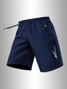 1pc Men's Sports Casual Loose Ice Silk Shorts, Printed Design, With Pockets, Zipper And Waist Drawstring, Suitable For Fitness And Outdoor Activities - Navy Blue - View 5