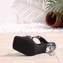 方头水晶高跟凉鞋，细高跟穆勒鞋，适合派对和夏季穿着 - 黑色 - 查看 9