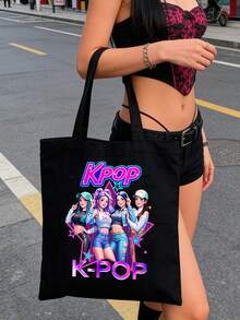 K-POP帆布手提袋，印有“K-POP”字样和酷炫女偶像图案，大容量单肩手提包，手绘插画单肩包，粉丝周边礼品，通勤购物袋，可折叠大容量休闲杂货袋，时尚场合包，赛博朋克风格单肩包，适合旅行、演唱会、粉丝活动、派对、日常使用，是生日礼物、偶像周边、节日礼物、演唱会礼物的理想之选。 - 彩色 - 查看 6