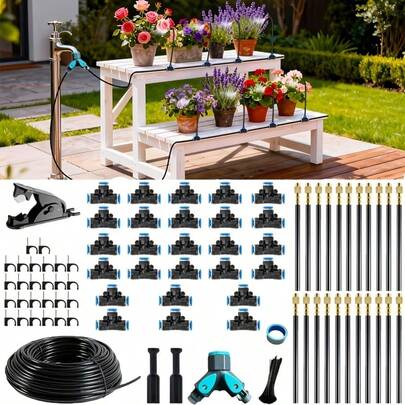 Kit de riego por atomización automática, fabricado con material plástico de alta calidad y duradero, equipado con 4/7 tuberías de agua para jardín, boquillas de latón flexibles, fácil instalación, boquillas de micro cobre ajustables 360 grados, adecuado para sistemas de riego de jardín, plantas, camas de cultivo elevadas e invernaderos, apto para céspedes, patios, invernaderos, tierras de cultivo, huertos, macizos de flores y frutales