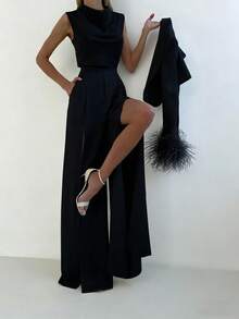 女士纯色休闲优雅无袖高领性感上衣搭配高开衩直筒裤两件套，适合日常外出、通勤、办公、度假、派对等场合，黑色夏季款 - 黑色 - 查看 6