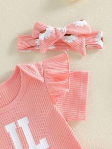 Baby Girls Shorts Set, Short Sleeve Letters Print Romper with Floral Shorts Hairband Summer Outfit - Rosa - Ver 5