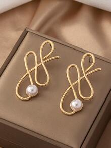 女士不对称几何珍珠耳环一对 - 彩色 - 查看 4