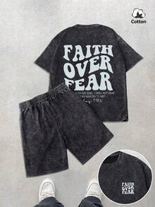 男士街头风印花T恤短裤套装，弹力水洗黑色休闲日常两件套，夏季 - 黑色 - 查看 1