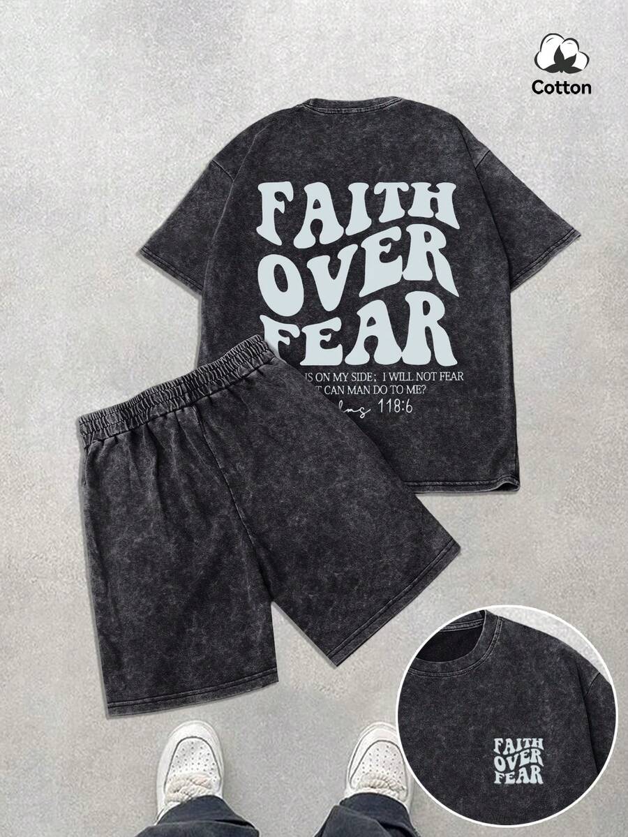 男士街头风印花T恤短裤套装，弹力水洗黑色休闲日常两件套，夏季 - 黑色 - 查看 1